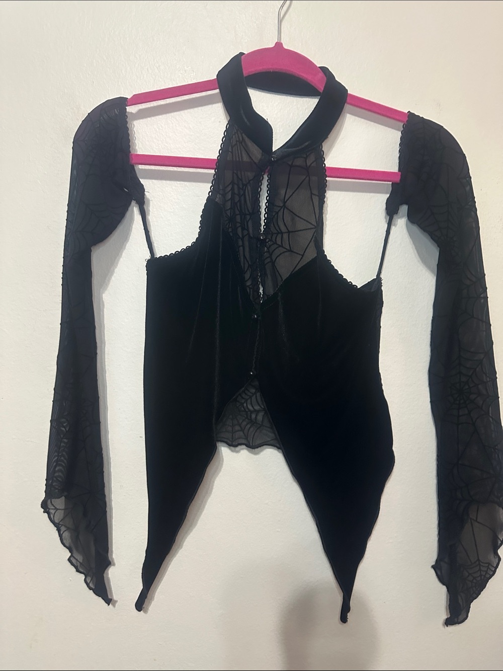 SHEIN Black Velvet Halter Crop Top with Spiderweb Mesh Sleeves
